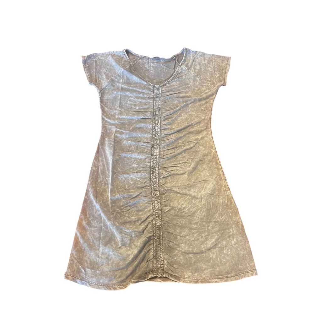 Promesa Sage Green Mineral Wash Ruched Center L Mini Dress Short Sleeve Rayon
